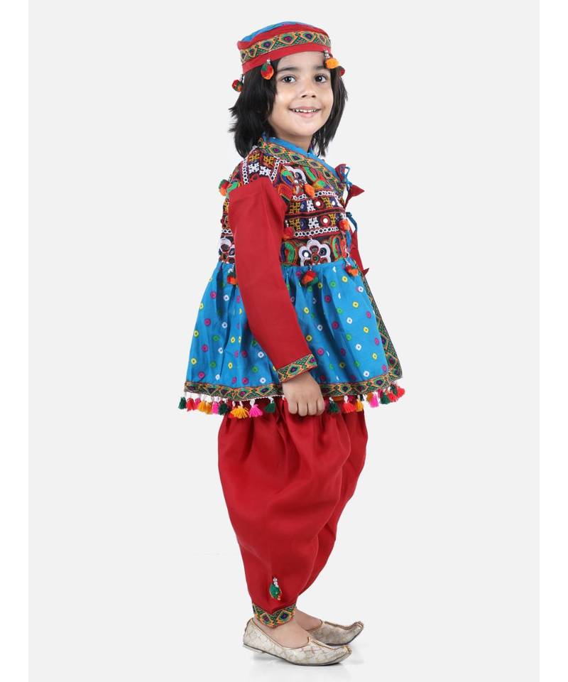 blue Full Sleeve Bandhani Kedia Dhoti Dress For Boys