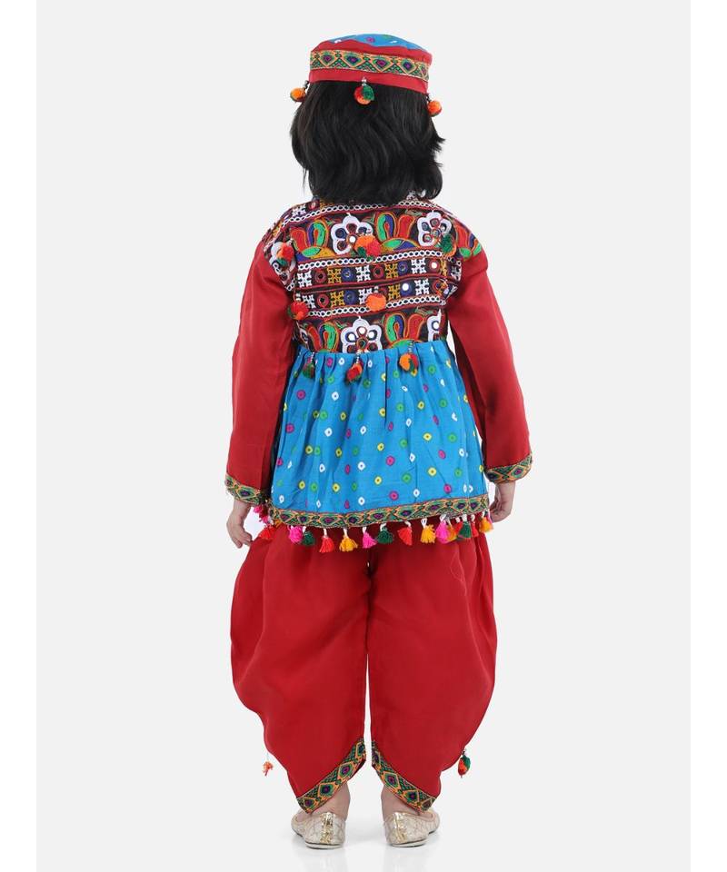 blue Full Sleeve Bandhani Kedia Dhoti Dress For Boys