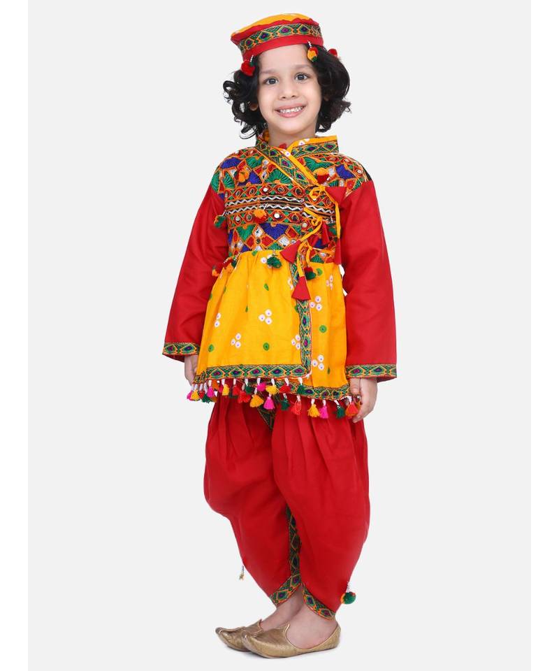 yellow Full Sleeve Bandhani Kedia Dhoti Dress For Boys