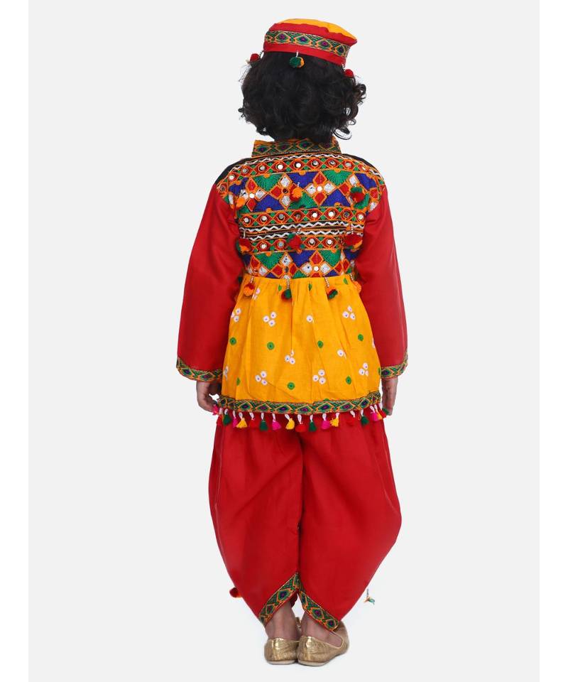 yellow Full Sleeve Bandhani Kedia Dhoti Dress For Boys