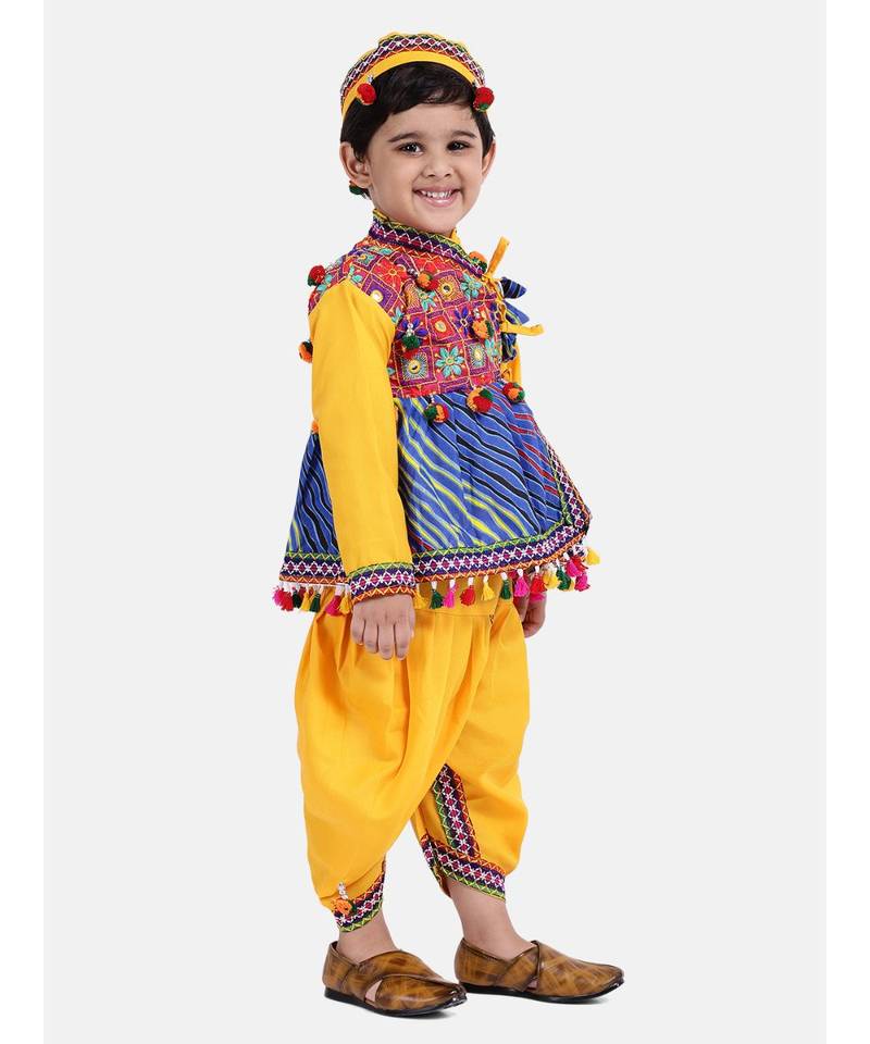 yellow Embroidery Laheriya Print Kedia Dhoti