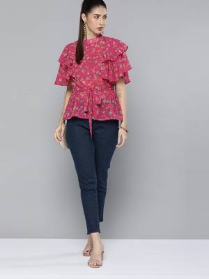 Pink printed georgette party-tops 1