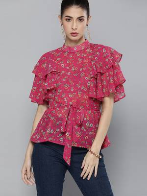 Pink printed georgette party-tops 2
