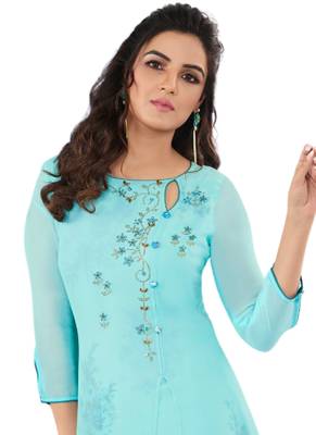 Blue embroidered georgette party-wear-kurtis 2