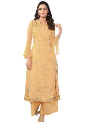 Yellow embroidered georgette party-wear-kurtis 1