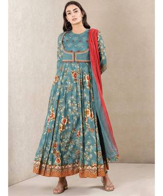 Blue cotton printed stitched  Kurta &  churidar &  dupatta 1