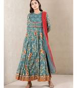 Blue cotton printed stitched  Kurta &  churidar &  dupatta