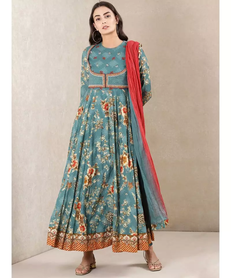 Blue cotton printed stitched  Kurta &  churidar &  dupatta