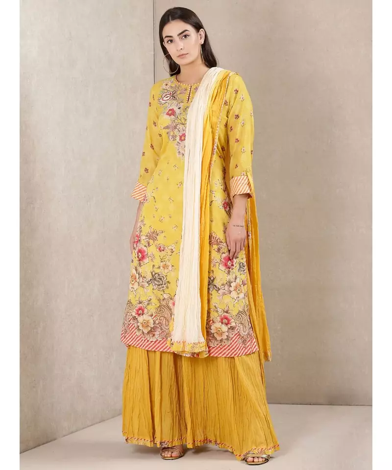 Yellow cotton printed stitched  Kurta &  sharara &  dupatta