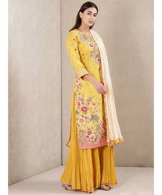Yellow cotton printed stitched  Kurta &  sharara &  dupatta 3