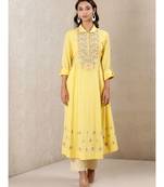 Yellow cotton embroidered stitched  Kurta