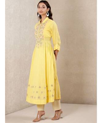 Yellow cotton embroidered stitched  Kurta 2