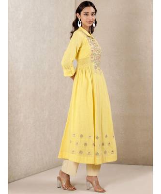 Yellow cotton embroidered stitched  Kurta 3