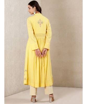 Yellow cotton embroidered stitched  Kurta 4
