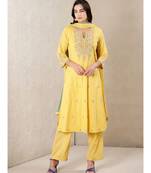 Yellow cotton embroidered stitched  Kurta &  trouser &  dupatta