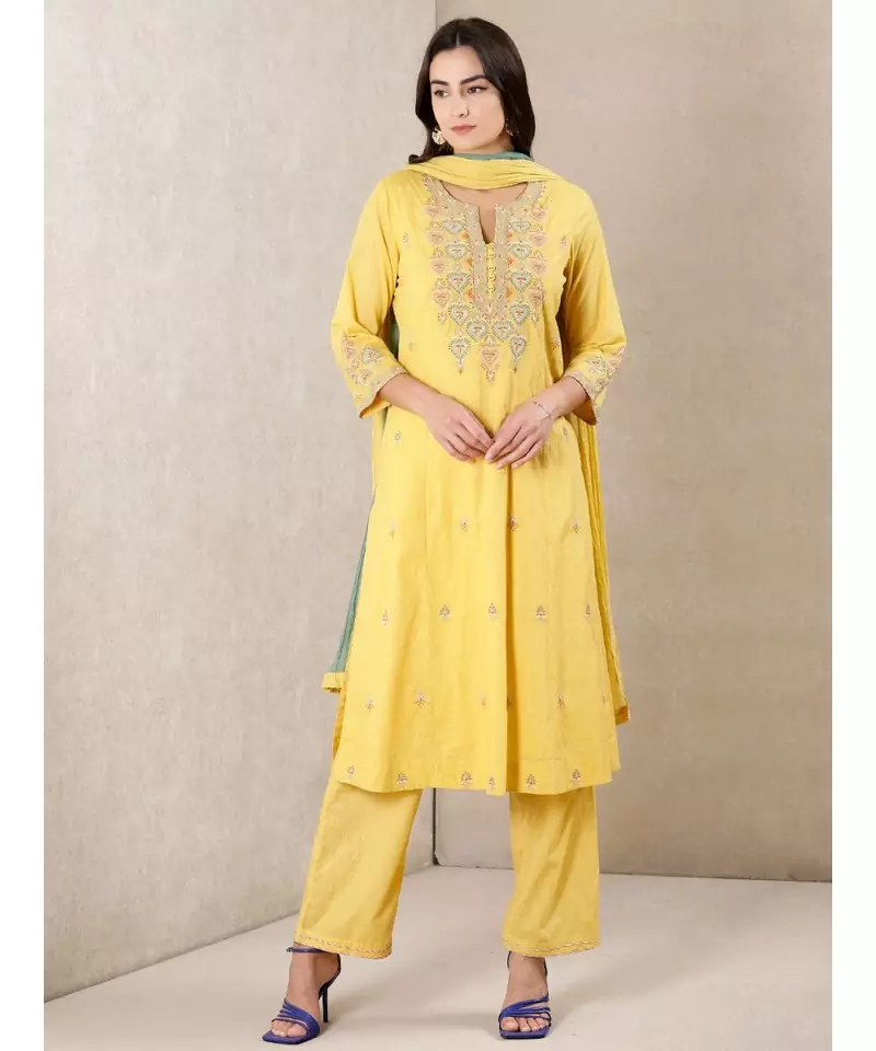 Yellow cotton embroidered stitched  Kurta &  trouser &  dupatta