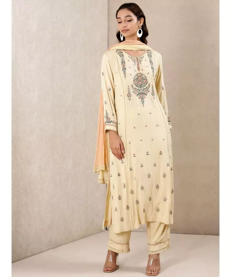 White Rayon  embroidered stitched  Kurta &  pant &  dupatta