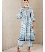 Blue cotton printed stitched  Kurta &  pant &  dupatta