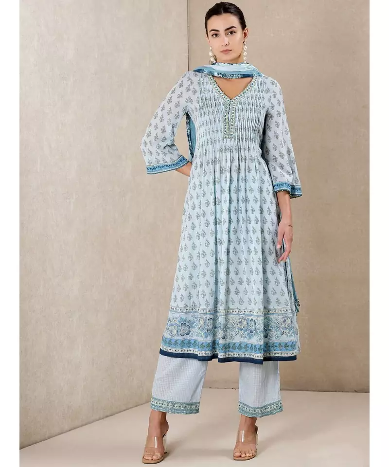 Blue cotton printed stitched  Kurta &  pant &  dupatta