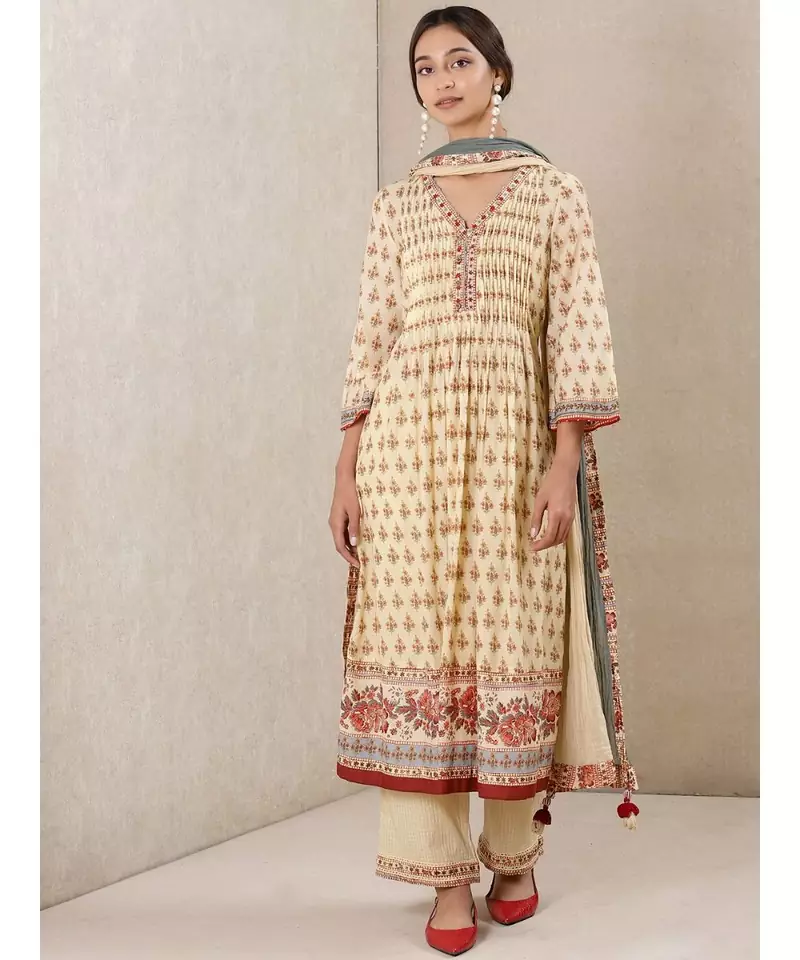 White cotton printed stitched  Kurta &  pant &  dupatta