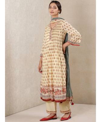 White cotton printed stitched  Kurta &  pant &  dupatta 2