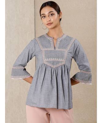 Grey cotton embroidered stitched  kurti 1