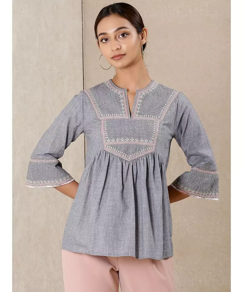 Grey cotton embroidered stitched  kurti