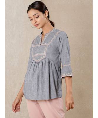 Grey cotton embroidered stitched  kurti 2