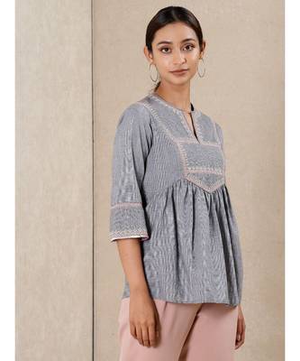 Grey cotton embroidered stitched  kurti 3
