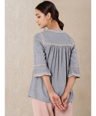 Grey cotton embroidered stitched  kurti 4