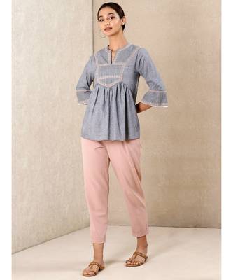 Grey cotton embroidered stitched  kurti 5