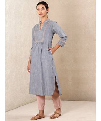 Grey cotton embroidered stitched  kurti 1
