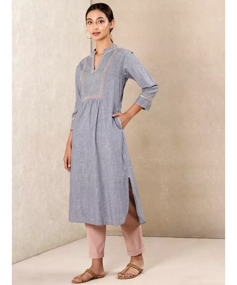 Grey cotton embroidered stitched  kurti