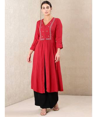 Red Rayon  embroidered stitched  kurti 1