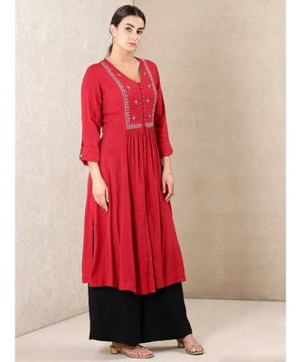 Red Rayon  embroidered stitched  kurti 2