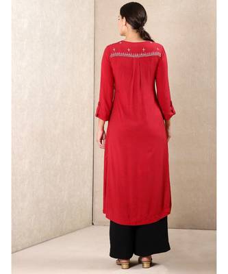 Red Rayon  embroidered stitched  kurti 4