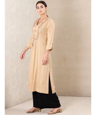 Beige Rayon  embroidered stitched  kurti 2