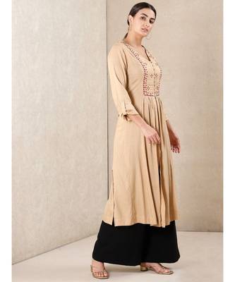 Beige Rayon  embroidered stitched  kurti 3