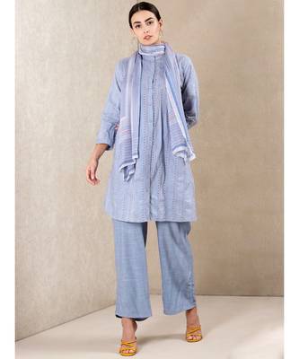 Blue cotton embroidered stitched  kurti &  pant &  scarf 1