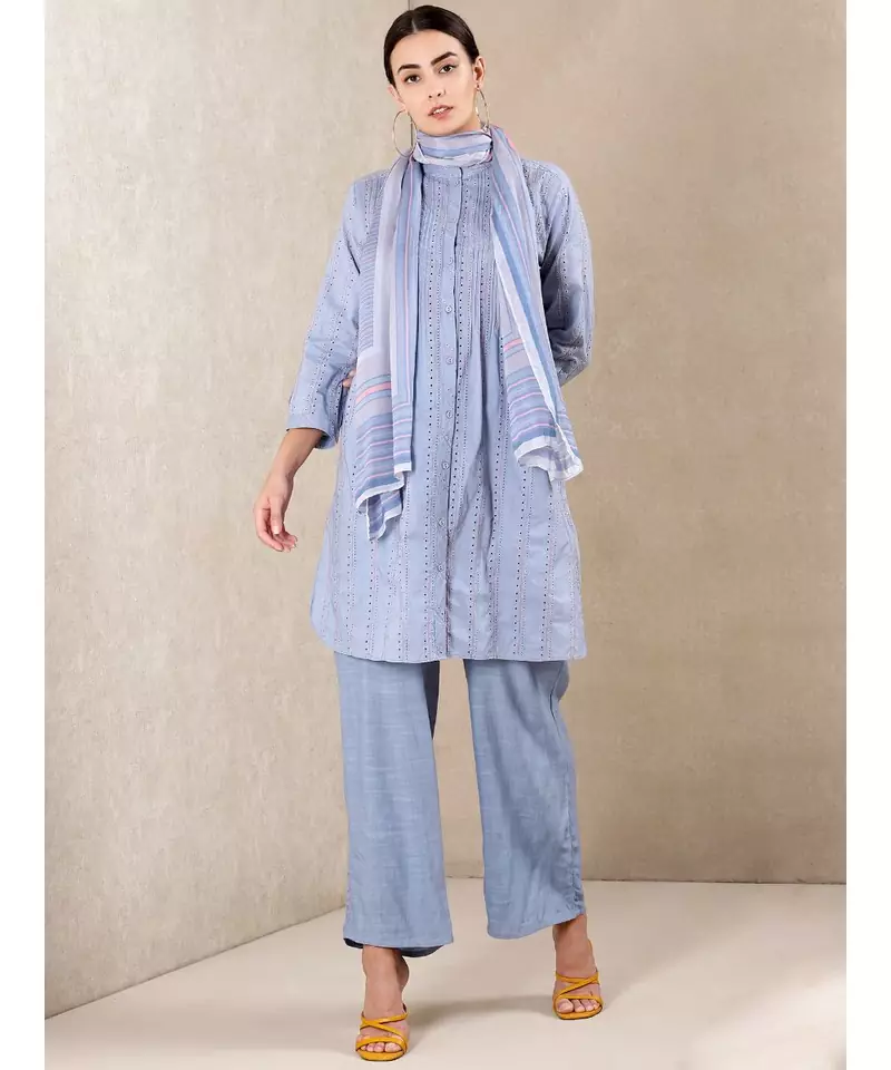 Blue cotton embroidered stitched  kurti &  pant &  scarf