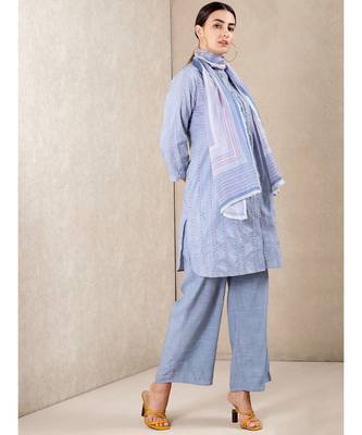 Blue cotton embroidered stitched  kurti &  pant &  scarf 2
