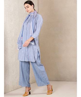 Blue cotton embroidered stitched  kurti &  pant &  scarf 3