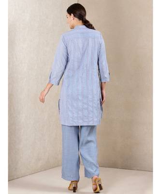 Blue cotton embroidered stitched  kurti &  pant &  scarf 4