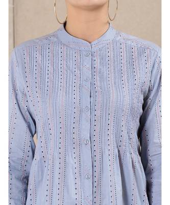 Blue cotton embroidered stitched  kurti &  pant &  scarf 5