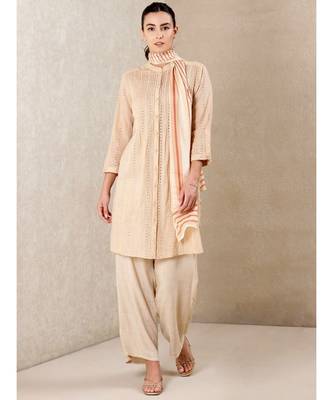 Beige cotton embroidered stitched  kurti &  pant &  scarf 1