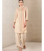 Beige cotton embroidered stitched  kurti &  pant &  scarf