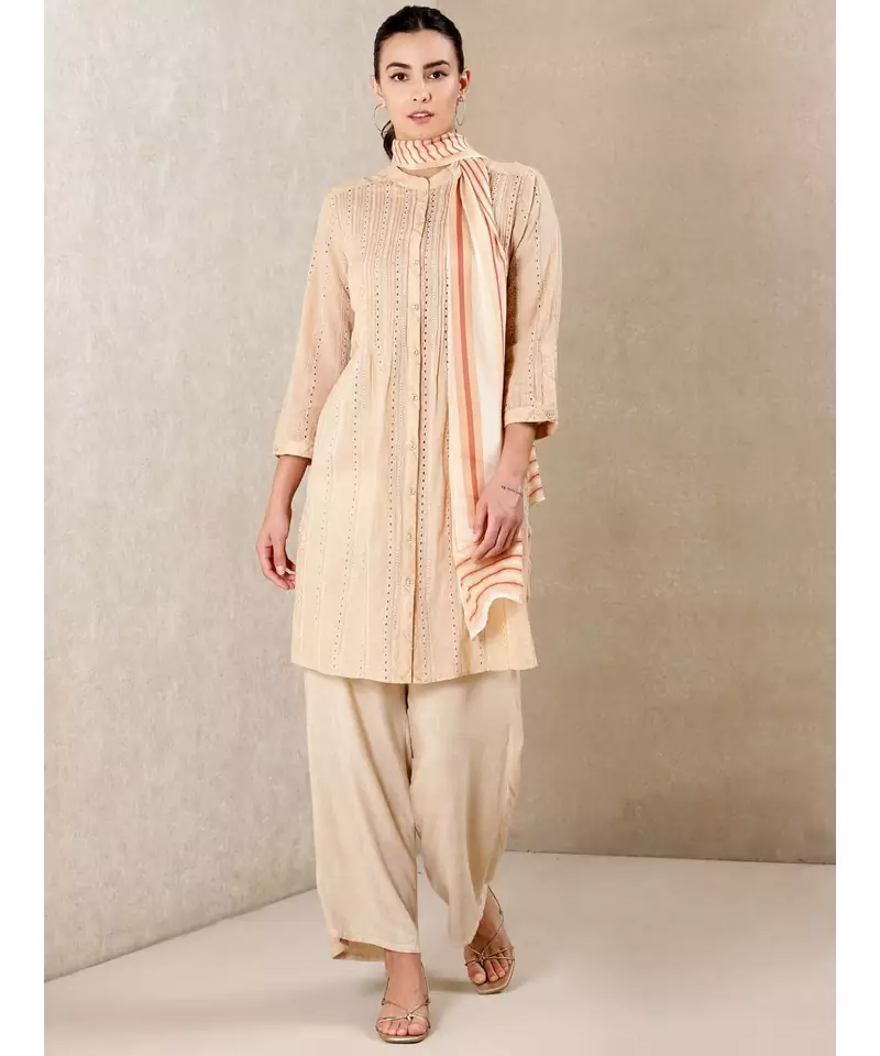 Beige cotton embroidered stitched  kurti &  pant &  scarf