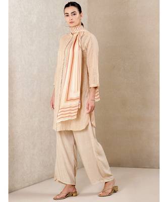 Beige cotton embroidered stitched  kurti &  pant &  scarf 2