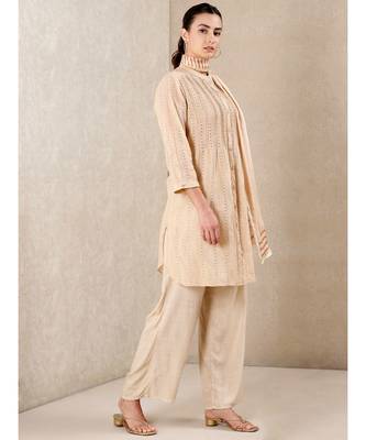 Beige cotton embroidered stitched  kurti &  pant &  scarf 3