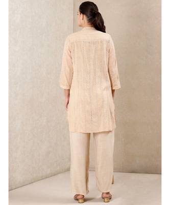 Beige cotton embroidered stitched  kurti &  pant &  scarf 4